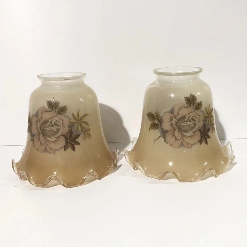Vintage Milk Glass Lamp Shades Ruffled Floral Opaline Fitter Flowers Set